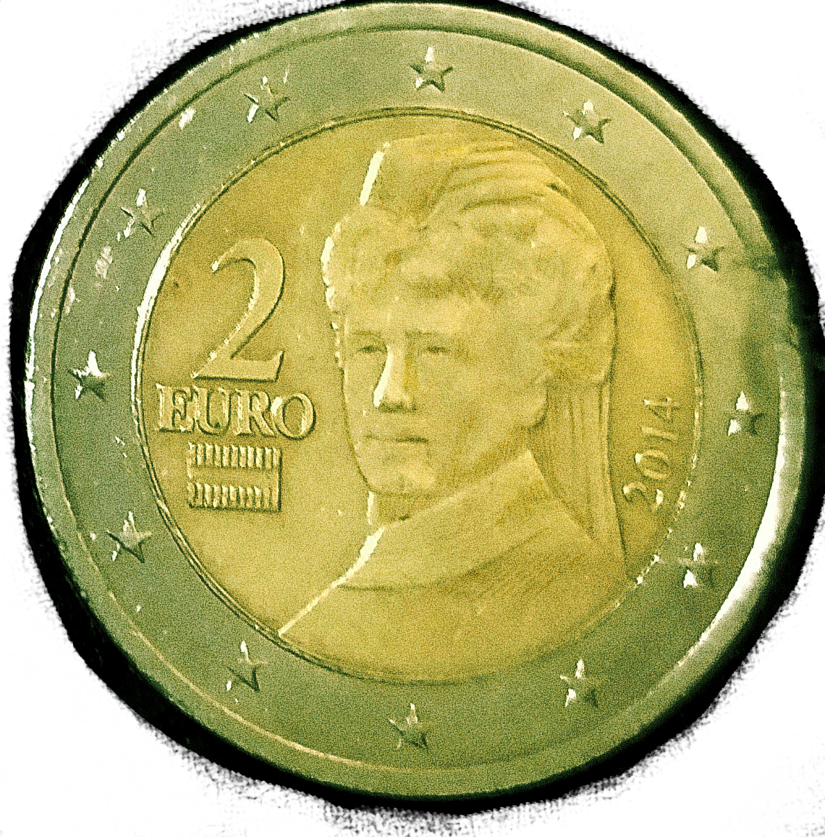 a two euro coin with a portait of an Austrian noblewoman-Berta von Suttner.