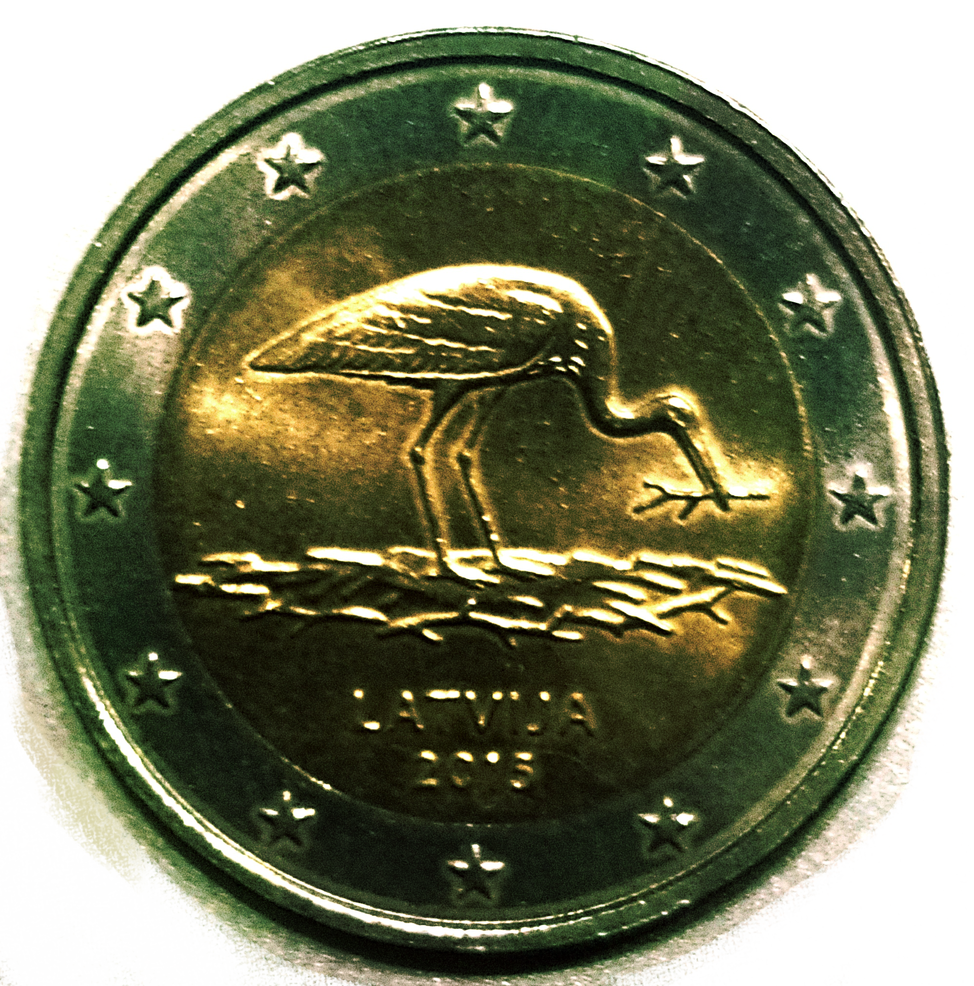 a two euro coin with an image of a stork standing on it's nest